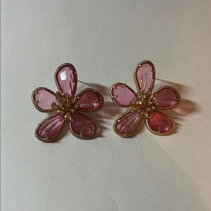 Pink crystal and gold tone statement floral earrings